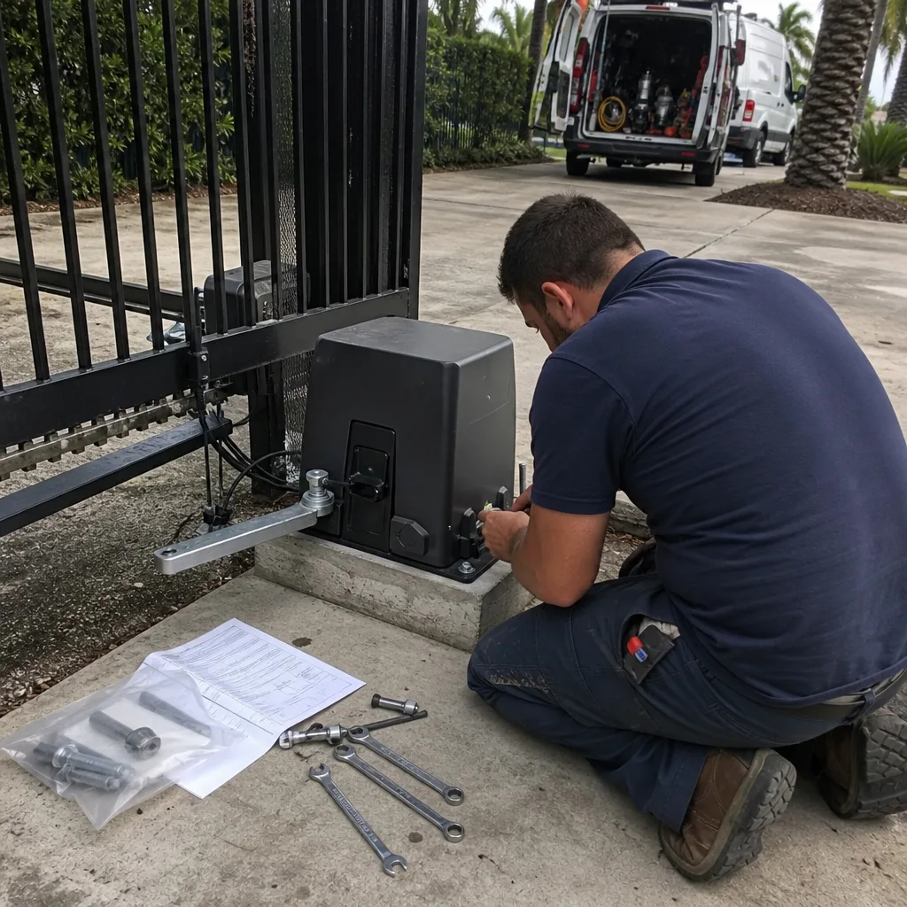 Technician performing expert electric gate motor repair and maintenance service