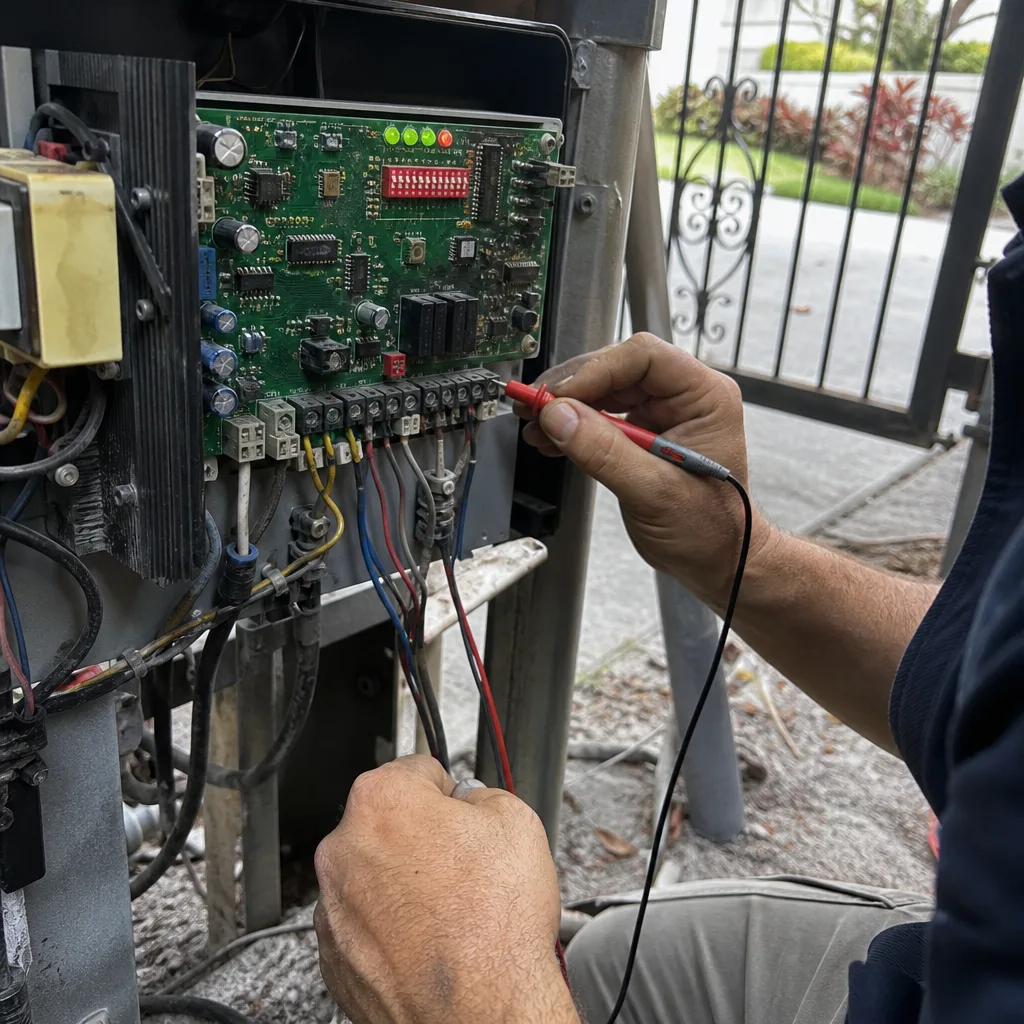 Technician performing professional electric gate circuit board repair