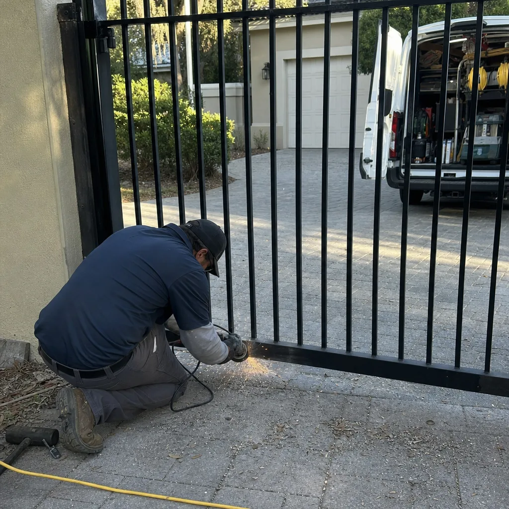 Technician using a power tool to repair a metal driveway gate