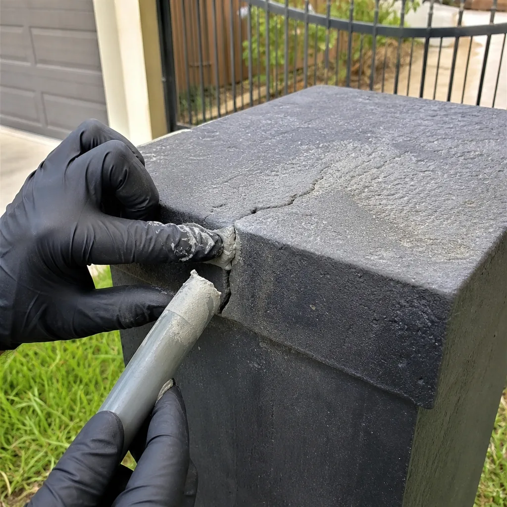 Professional contractor repairing a crack in a dark stone gate pillar