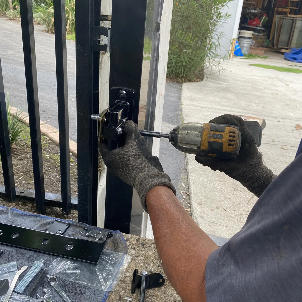 Technician using power tool to install hardware on metal security gate